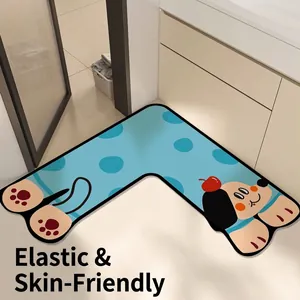 L-shaped cartoon dog bathroom mat with non-slip blue polka dot design for corners