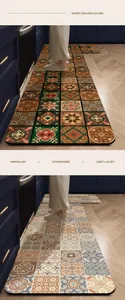 Detailweergave van keukenmatten met vintage tegelpatronen in een blauwe keuken