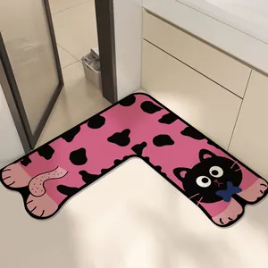 L-shaped cartoon cat bath mat pink non-slip absorbent rug for modern bathroom corners