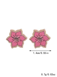 Detailed view of pink floral wood stud earrings with 1.4cm size and 0.7g weight info