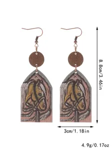 Close-up showing the precise dimensions and weight of horse pattern wooden drop earrings