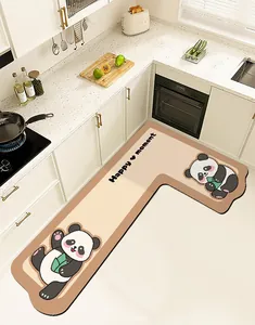 Minimalist cream L-shaped kitchen mat with cute panda design in modern kitchen setting