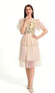 Elegant light beige mesh tiered dress with 3D embroidery and sequin floral details