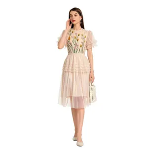 Elegant beige mesh dress with floral embroidery and sequin details for women