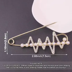 Elegant heartbeat safety pin brooch with pearls and crystals for garment adjustment
