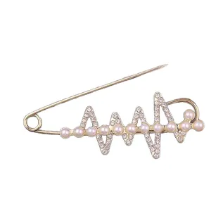 Elegant heartbeat ECG safety pin brooch with faux pearls and crystals for waist adjustment.