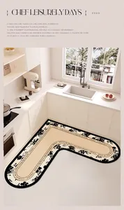 Alfombra de cocina absorbente floral en forma de L en una decoración de cocina moderna