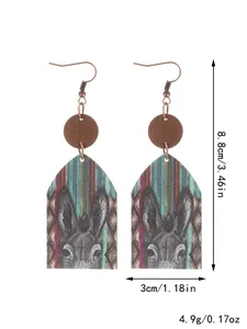 Western style wooden drop earrings with donkey pattern, size 8.8x3cm, weight 4.9g