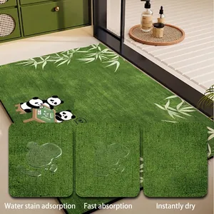 Cute panda print green diatom mud bath mat with rapid water absorption for bathroom