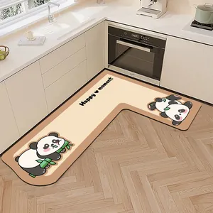 Creamy Style L-Shaped Kitchen Mat Panda Cartoon Absorbent Oil-Proof Polyester Non-Slip Corner Floor Pad For Home Dining Room