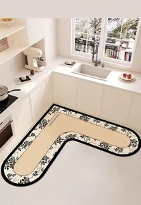 Alfombra de cocina en L moderna, absorbente y antideslizante con diseño floral detallado