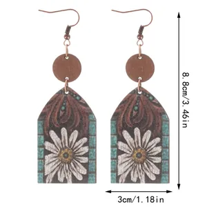 Western style wooden earrings with daisy floral pattern and specific size dimensions