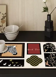 Vintage French style heat-resistant leather placemat with artistic zebra and bird prints