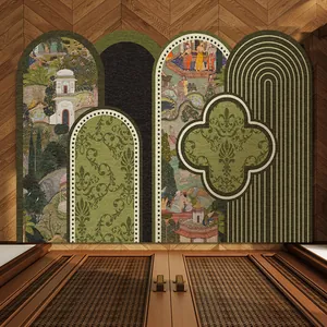 Vintage green entryway doormat featuring arched geometric patterns and artistic motifs