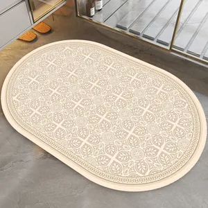Elegant oval absorbent bath mat with American vintage floral pattern on grey bathroom floor