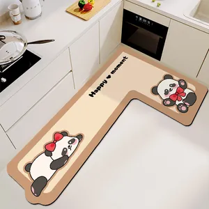 L-shaped cream-colored kitchen floor mat with cute panda design and Happy moment text