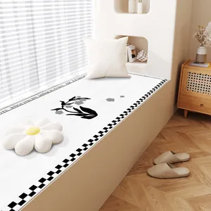 Non-slip cream style Belgian velvet bay window mat with checkerboard border