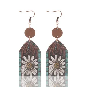 Bohemian western style wooden drop earrings featuring a vintage white daisy floral pattern