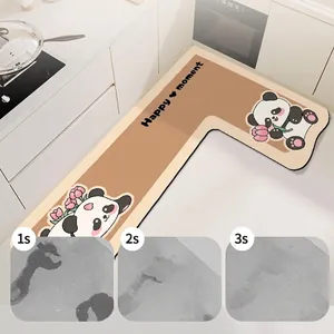 L-shaped absorbent kitchen floor mat with cute panda design and quick-dry surface
