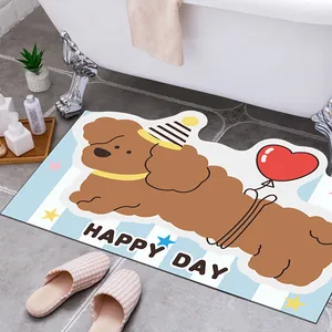 Simpatico tappetino da bagno con cane cartone animato accanto a una vasca da bagno bianca.
