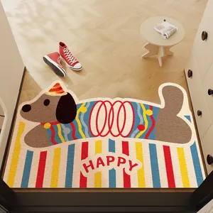 Paillasson chien dessin animé avec rayures colorées et slogan Happy