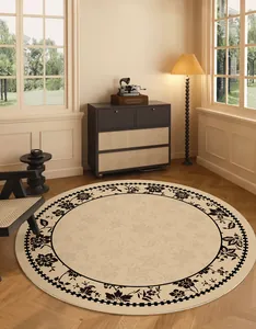 Vintage French floral pattern round rug displayed in a cozy sunlit living room