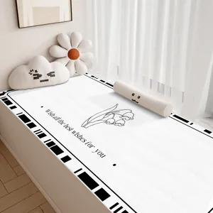 Cream style Belgian velvet bay window mat with minimalist floral design and English text