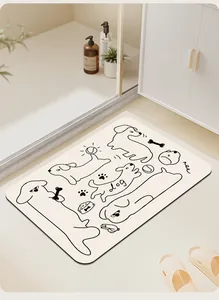Vista detallada del patrón de perros de dibujos animados en una alfombra de baño.
