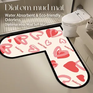 Modern L-shaped absorbent diatom mud bathroom mat with cute heart pattern decor