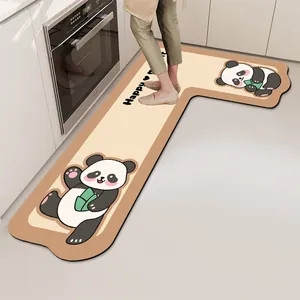 L-shaped waterproof kitchen floor mat featuring a cute panda design and anti-slip leather
