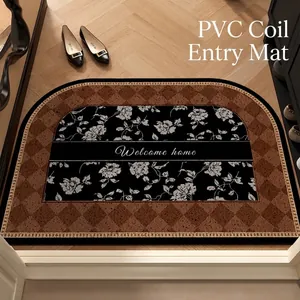 Paillasson floral vintage demi-cercle avec bordure à carreaux marron pour l'entrée