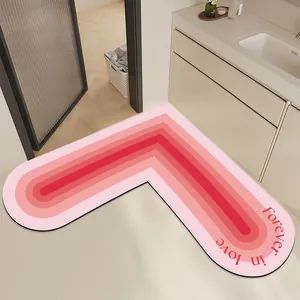 Modern L-shaped absorbent pink gradient bath mat featuring Forever in Love text design