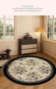 Vintage French style round rug with elegant floral and butterfly patterns in cream and black