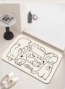 Alfombra de baño absorbente antideslizante crema con lindos dibujos de gatos a mano