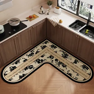 Alfombra de cocina en L con patrón floral francés y superficie absorbente antideslizante