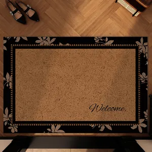 Paillasson d'entrée vintage marron avec bordure à feuilles et inscription Welcome
