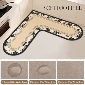 Alfombra de cocina absorbente en forma de L de tierra de diatomeas con elegante diseño floral