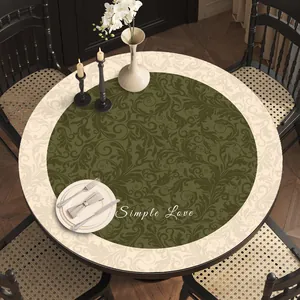 Elegant French style round PVC leather table mat featuring a vintage green damask pattern