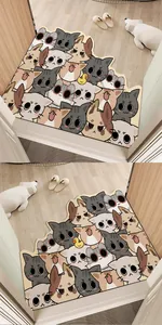 Vista dettagliata di uno zerbino in PVC con un fitto e carino motivo a gatti cartoon