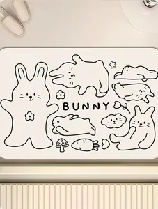 Primer plano de una alfombra de baño minimalista con lindas ilustraciones de conejos