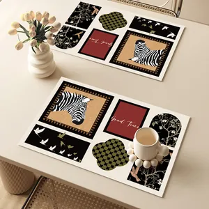 Vintage style waterproof leather placemats featuring a zebra and floral collage design