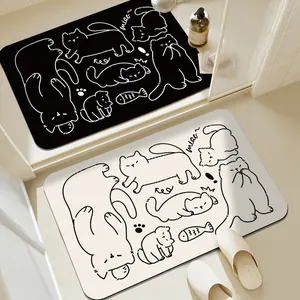 Alfombra de Baño Antideslizante Absorbente de Secado Rápido de PVC con Patrón de Gato y Conejo de Dibujos Animados Alfombra de Puerta de Entrada