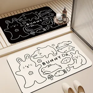 Alfombra de baño absorbente antideslizante con dibujo de conejo en negro y beige