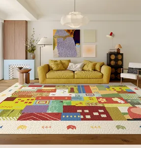 Colorful patchwork Moroccan area rug in a modern living room setting