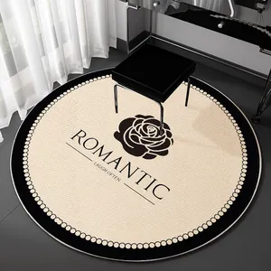 Tapis Rond en Velours Bouclé de Luxe Français Motif Tweed Noir et Blanc Camélia Antidérapant pour Chambre et Coiffeuse Déco