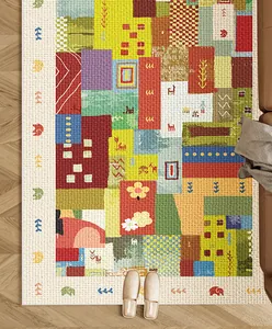 Bird's-eye view of colorful Moroccan patchwork rug in a cozy living room setting.