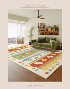 Colorful retro floral area rug styled in a modern living room setting