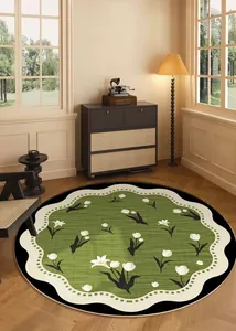 Grüner runder Teppich im Mid-Century-Stil mit weißen Tulpenmustern für das Wohnzimmer