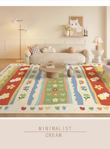 Detailed view of colorful retro dopamine area rug in a cozy cream living room setting.