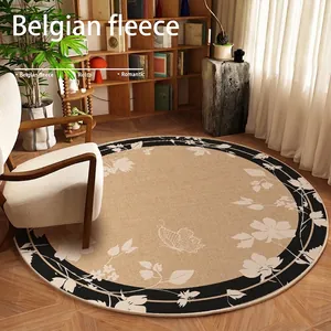 Eleganter runder Vintage-Blumenteppich mit Schmetterlingsmotiv in Beige und Schwarz